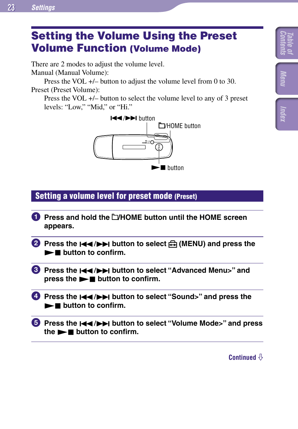 Setting a volume level for preset mode (preset), Setting the volume using the preset, Volume function | Volume mode), Setting a volume level for preset mode, Preset), Volume mode | Sony NW-E002F User Manual | Page 23 / 80