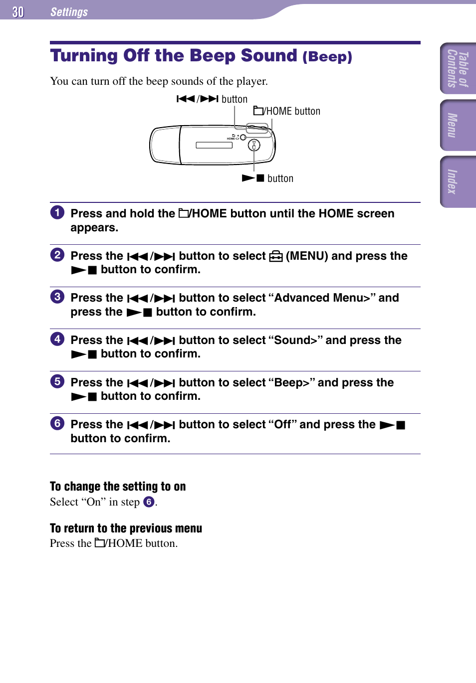 Turning off the beep sound (beep), Turning off the beep sound, Beep) | Beep | Sony NW-E002F User Manual | Page 30 / 80