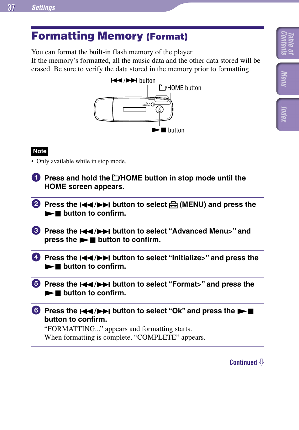 Formatting memory (format), Formatting memory, Format) | Format | Sony NW-E002F User Manual | Page 37 / 80