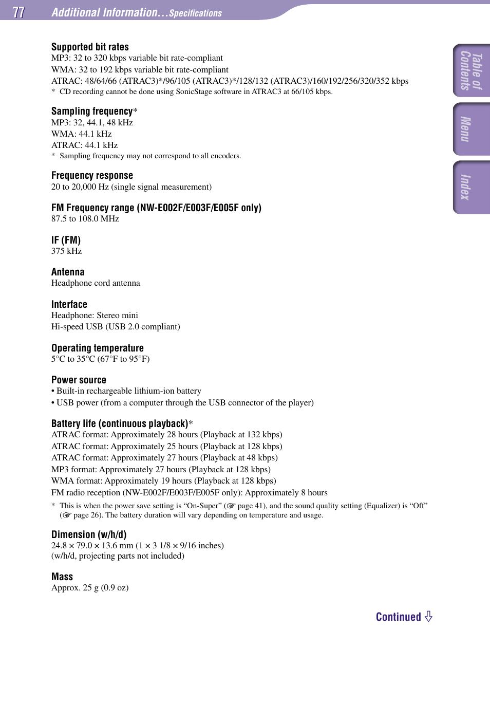 Table of contents index menu | Sony NW-E002F User Manual | Page 77 / 80