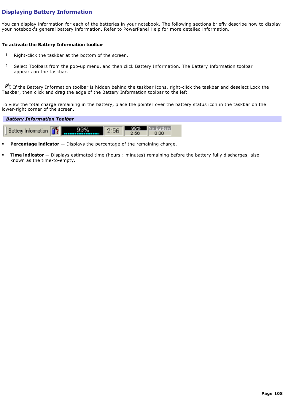 Displaying battery information | Sony PCG-GRX560 User Manual | Page 108 / 186