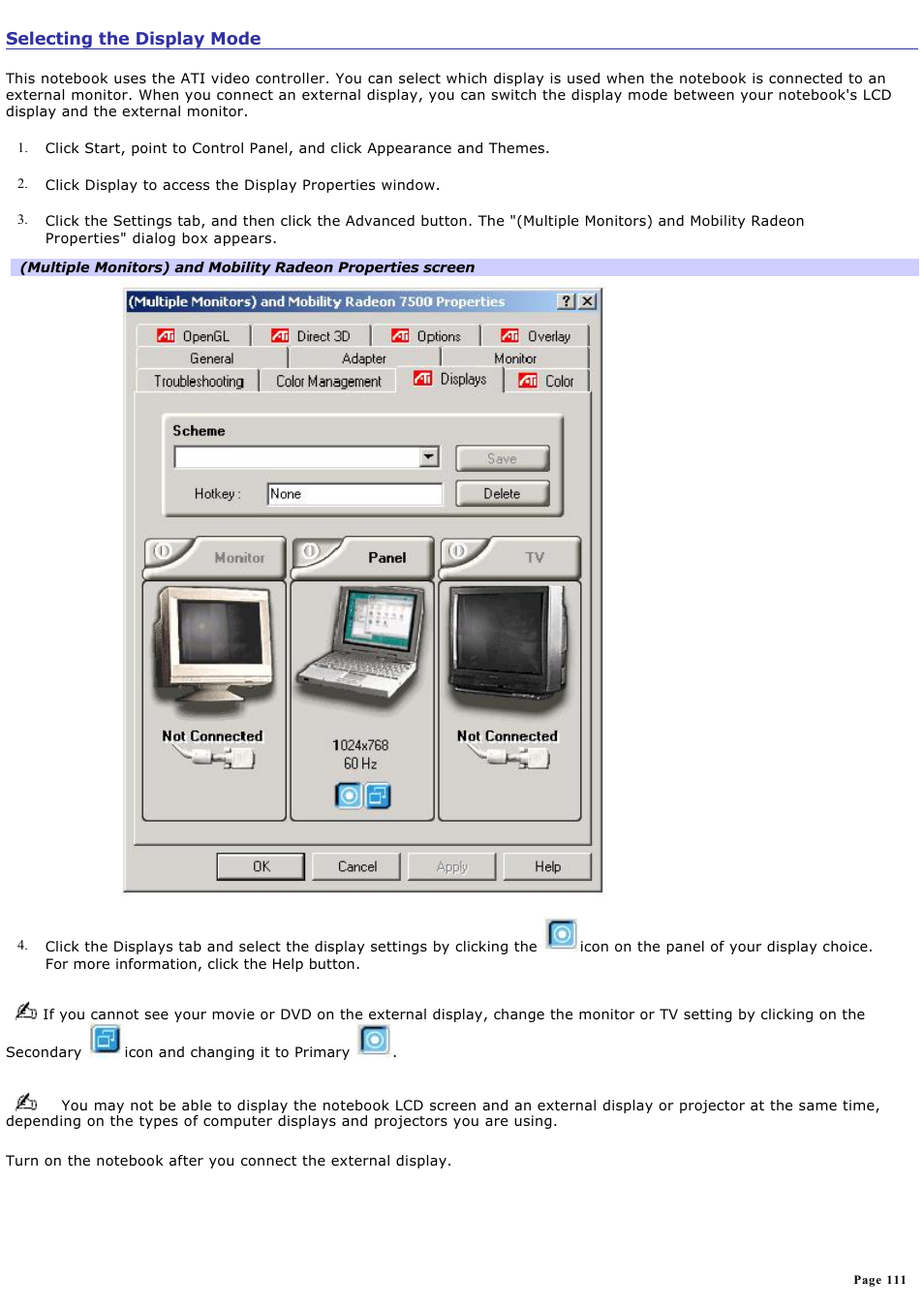 Selecting the display mode | Sony PCG-GRX560 User Manual | Page 111 / 186