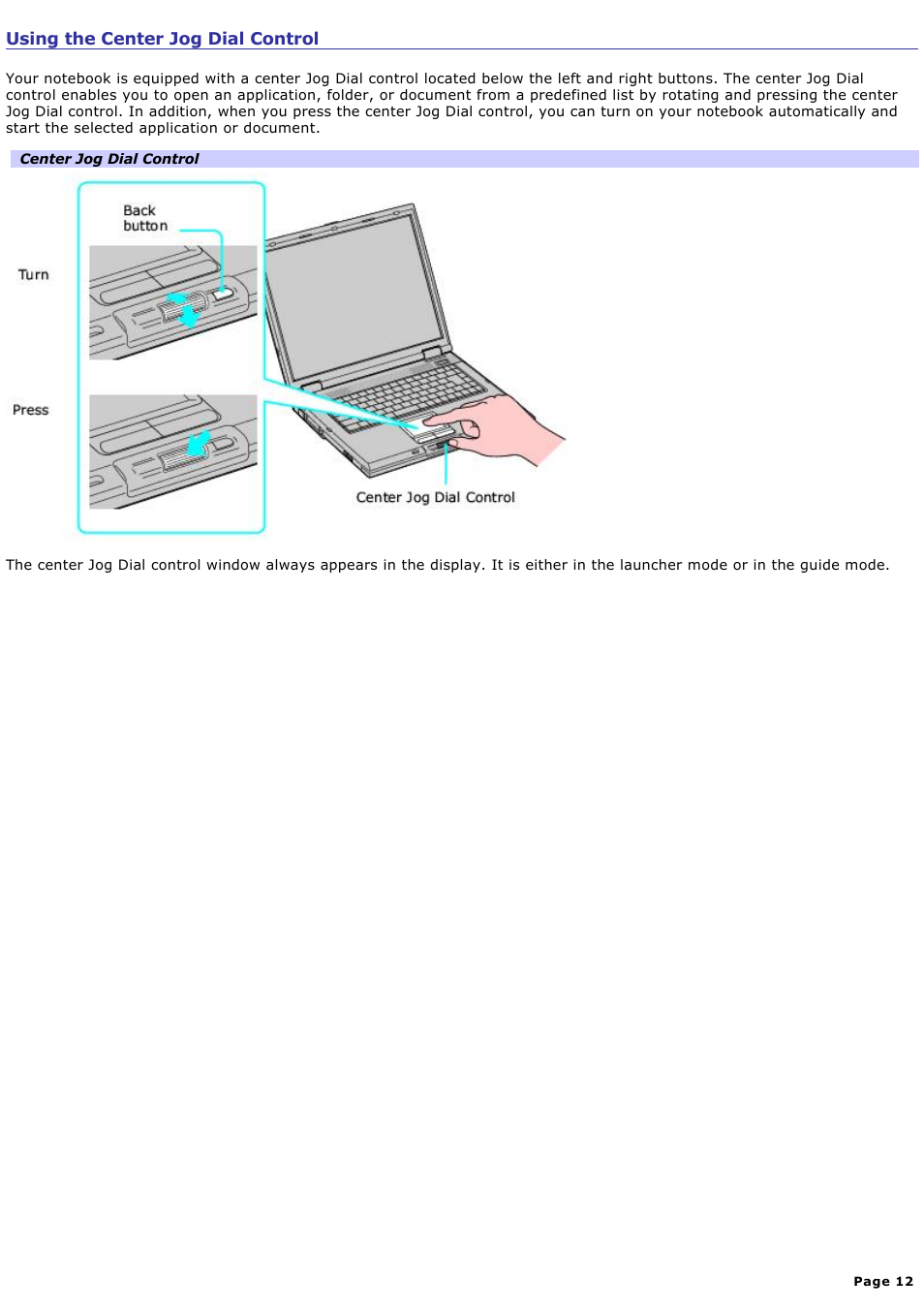 Using the center jog dial control | Sony PCG-GRX560 User Manual | Page 12 / 186