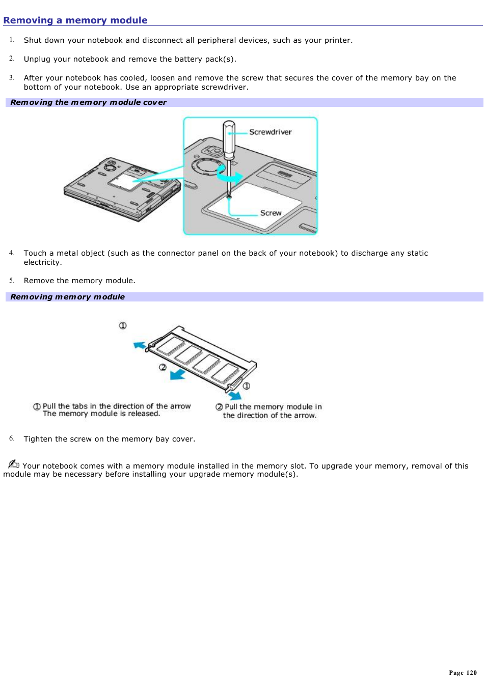 Removing a memory module | Sony PCG-GRX560 User Manual | Page 120 / 186