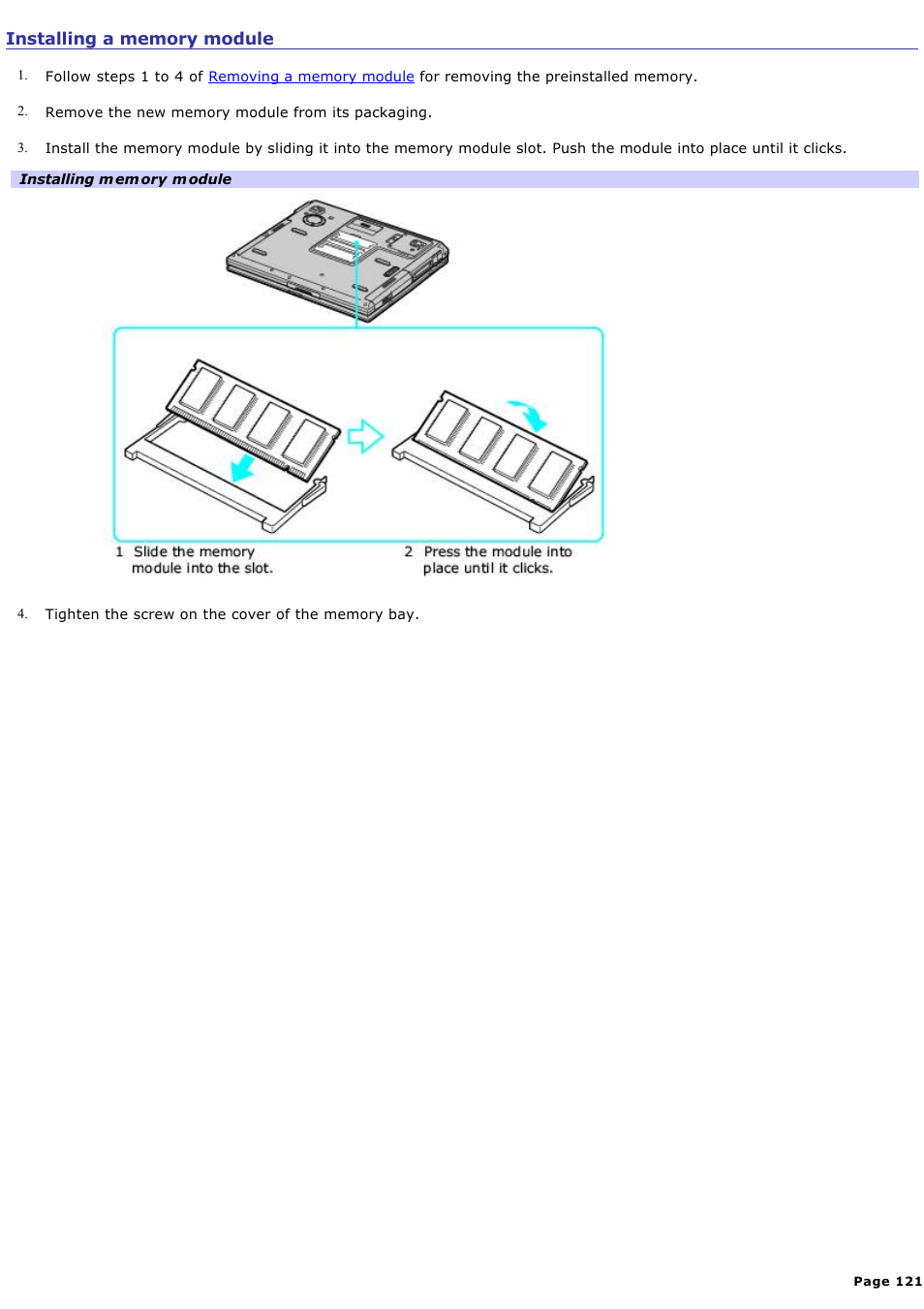 Installing a memory module | Sony PCG-GRX560 User Manual | Page 121 / 186