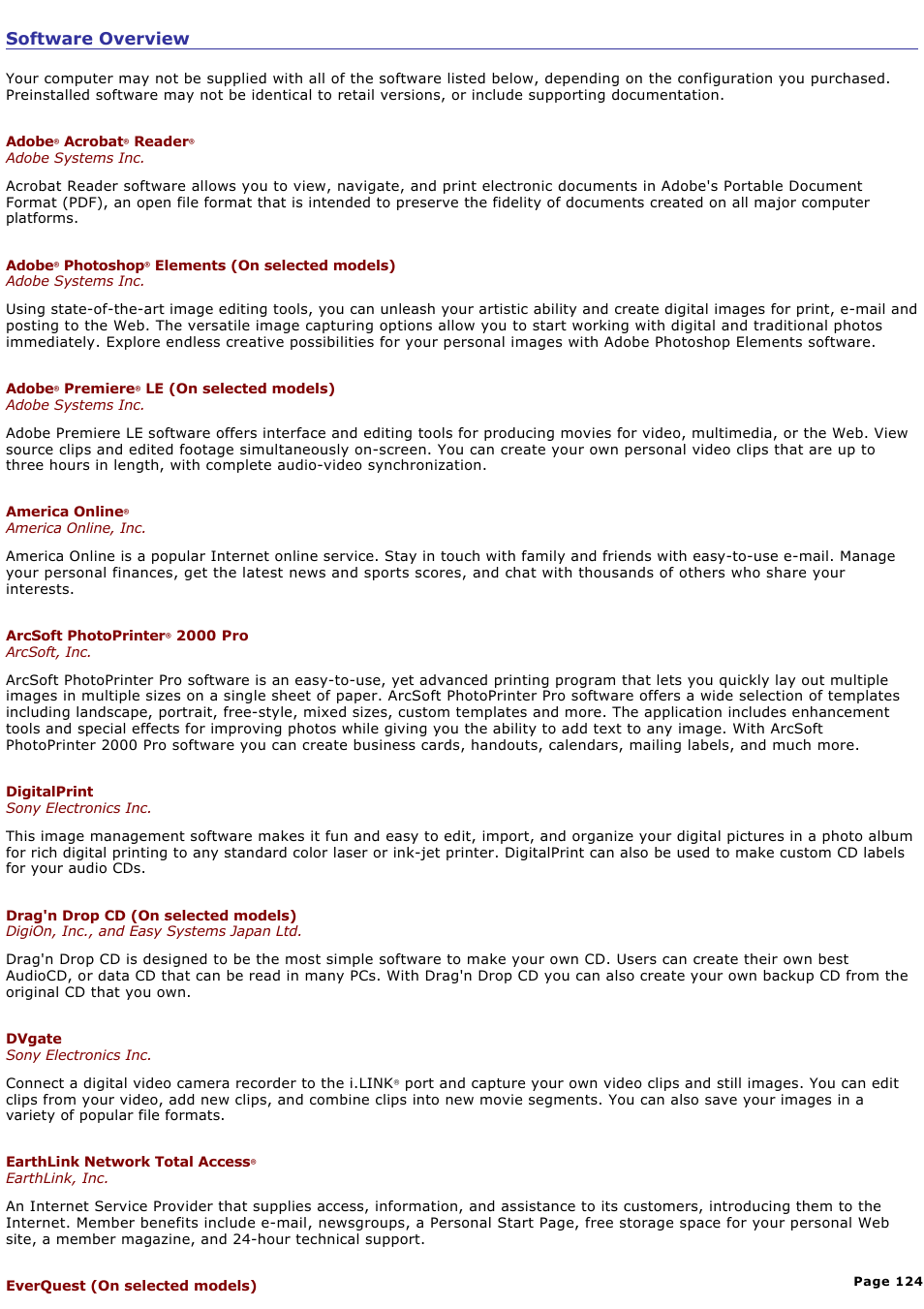 Software overview | Sony PCG-GRX560 User Manual | Page 124 / 186