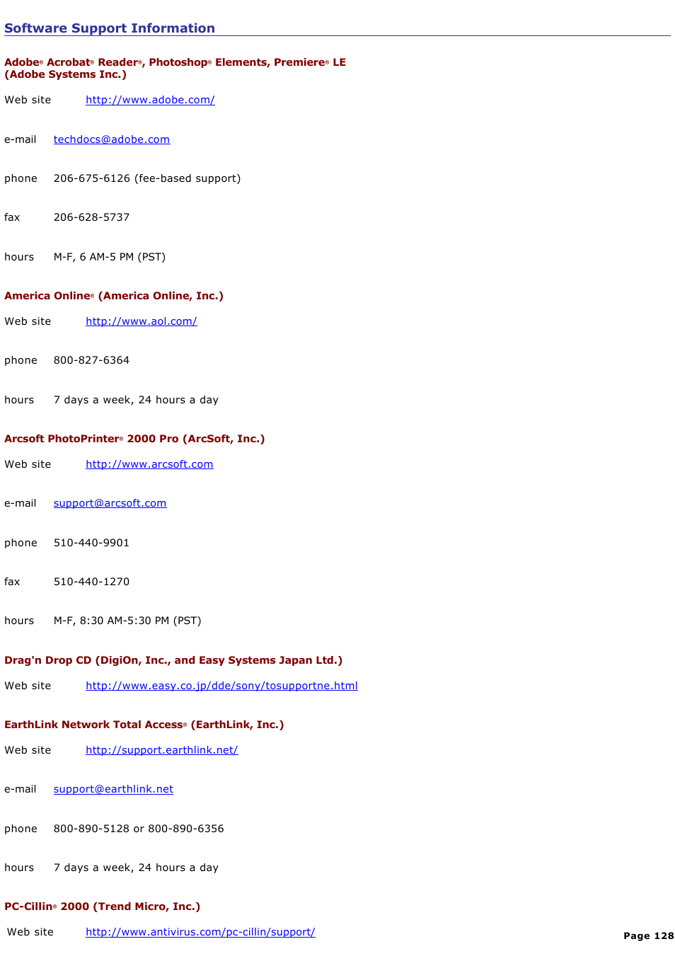 Software support information | Sony PCG-GRX560 User Manual | Page 128 / 186