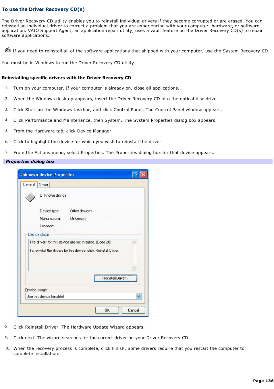 To use the driver recovery cd(s) | Sony PCG-GRX560 User Manual | Page 136 / 186