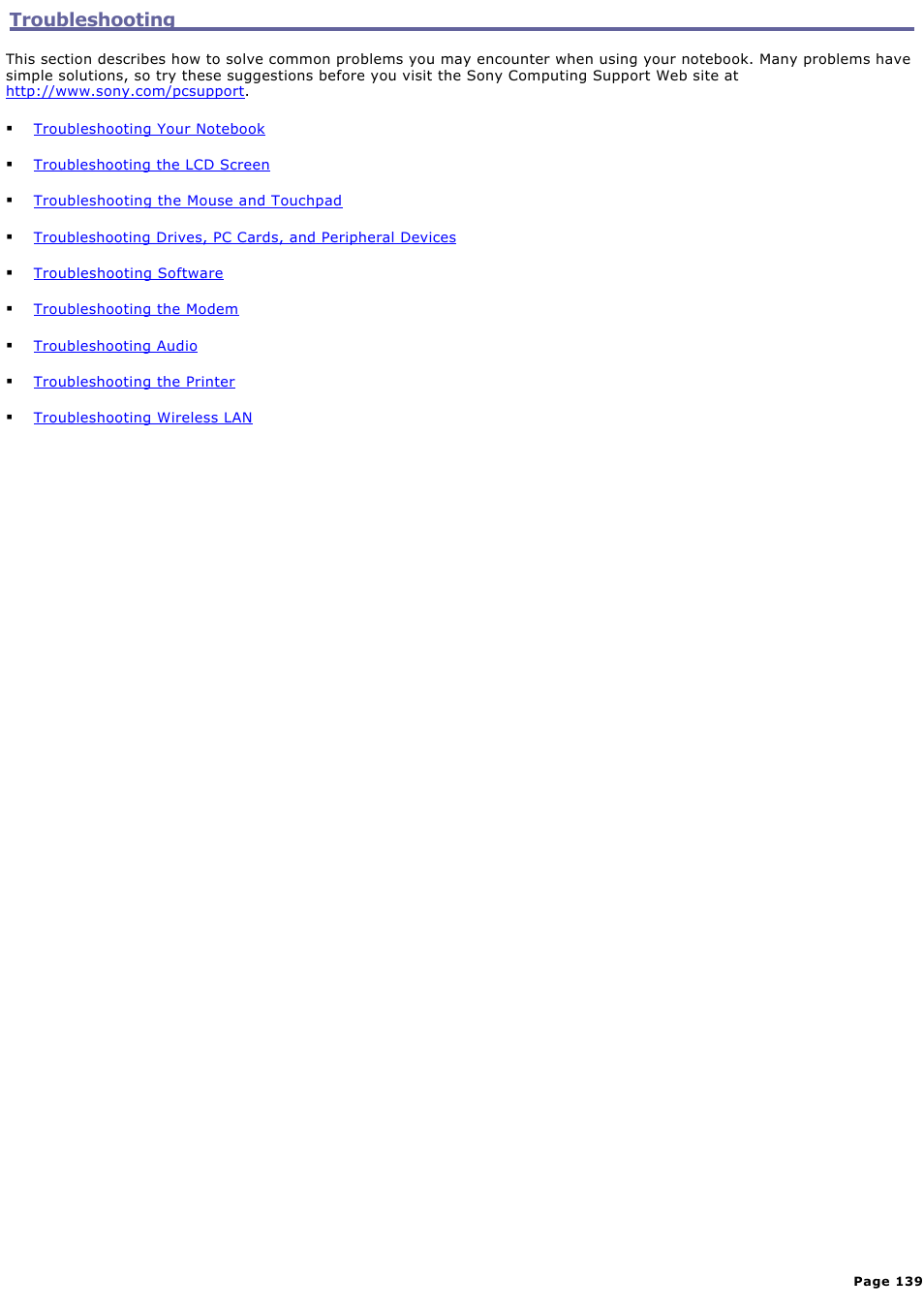 Troubleshooting | Sony PCG-GRX560 User Manual | Page 139 / 186