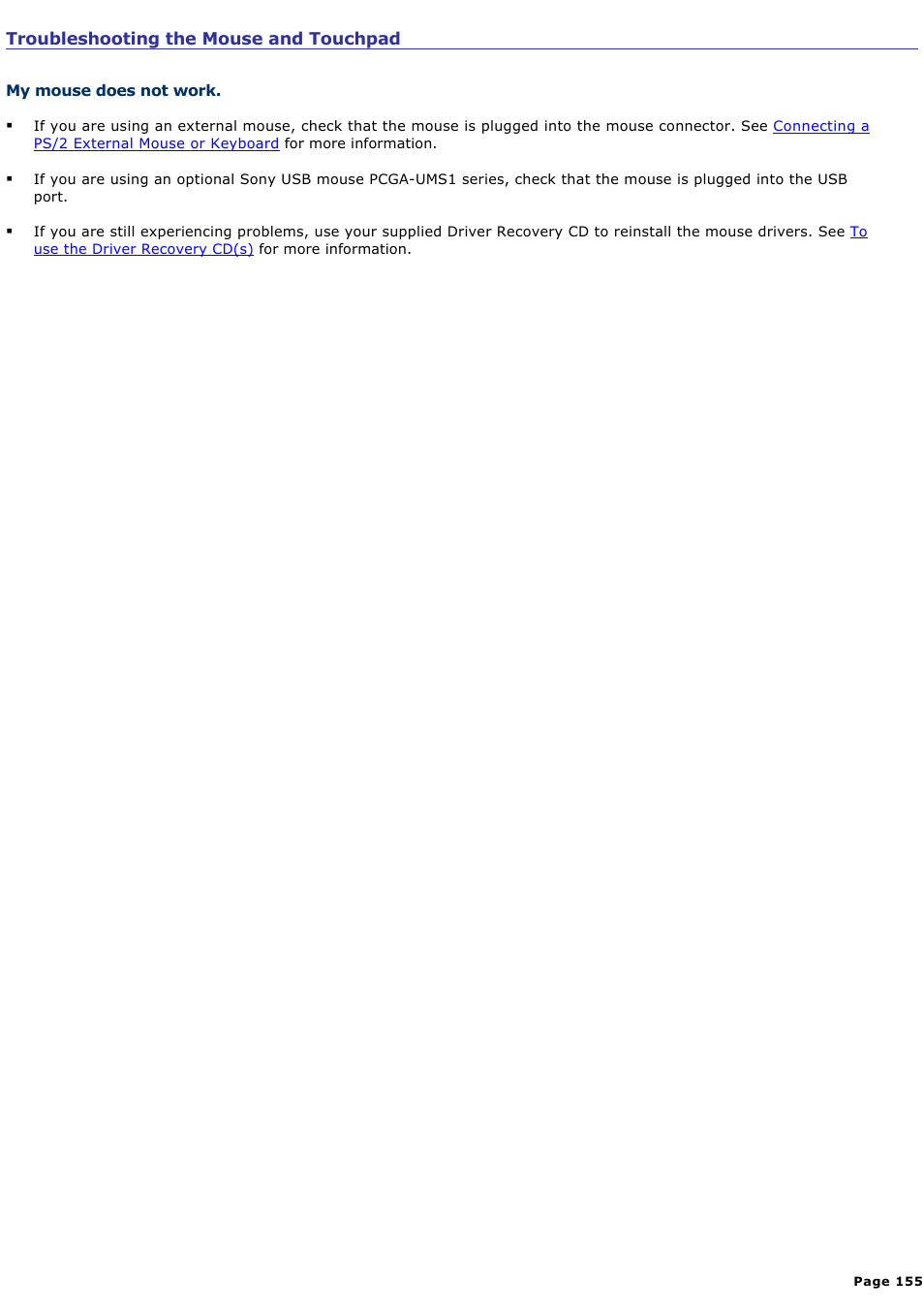 My mouse does not work | Sony PCG-GRX560 User Manual | Page 155 / 186