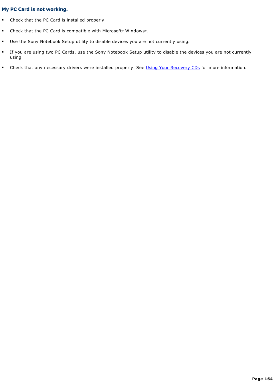 My pc card is not working | Sony PCG-GRX560 User Manual | Page 164 / 186