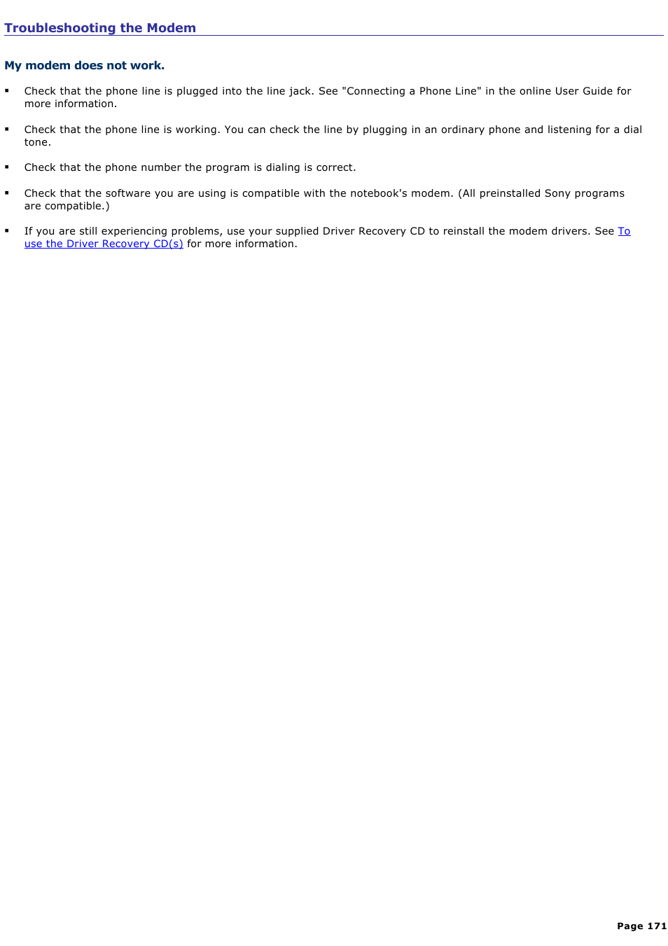 Troubleshooting the modem | Sony PCG-GRX560 User Manual | Page 171 / 186