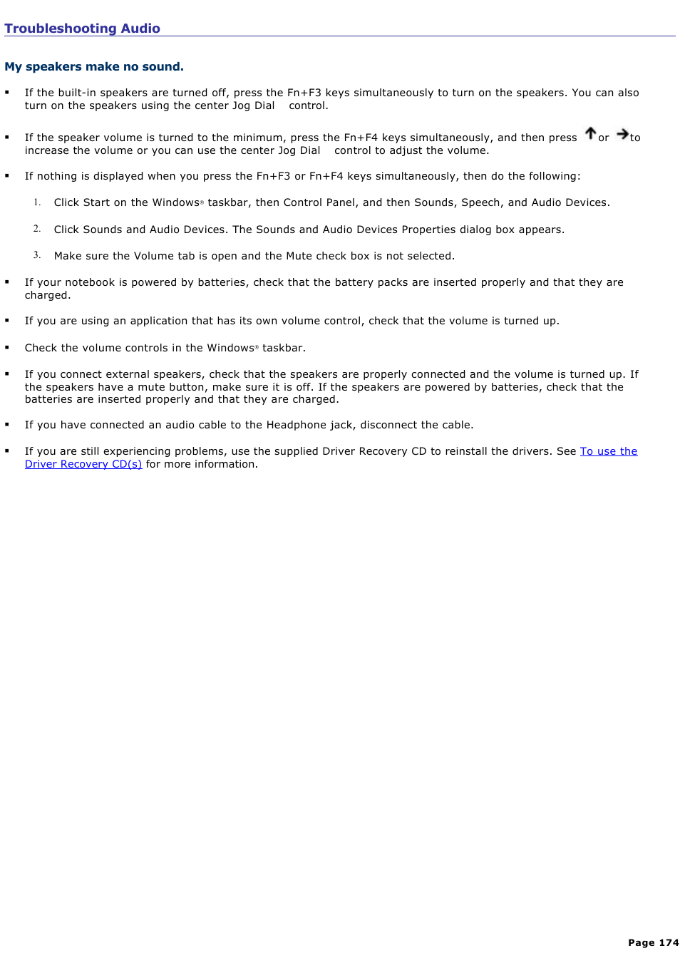 Troubleshooting audio | Sony PCG-GRX560 User Manual | Page 174 / 186