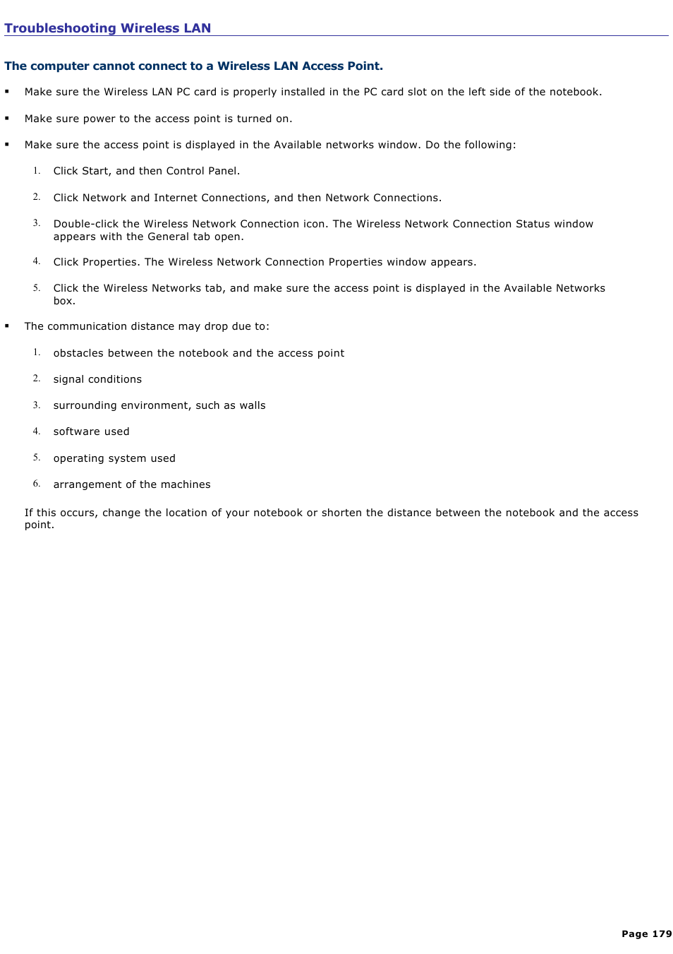 Troubleshooting wireless lan | Sony PCG-GRX560 User Manual | Page 179 / 186