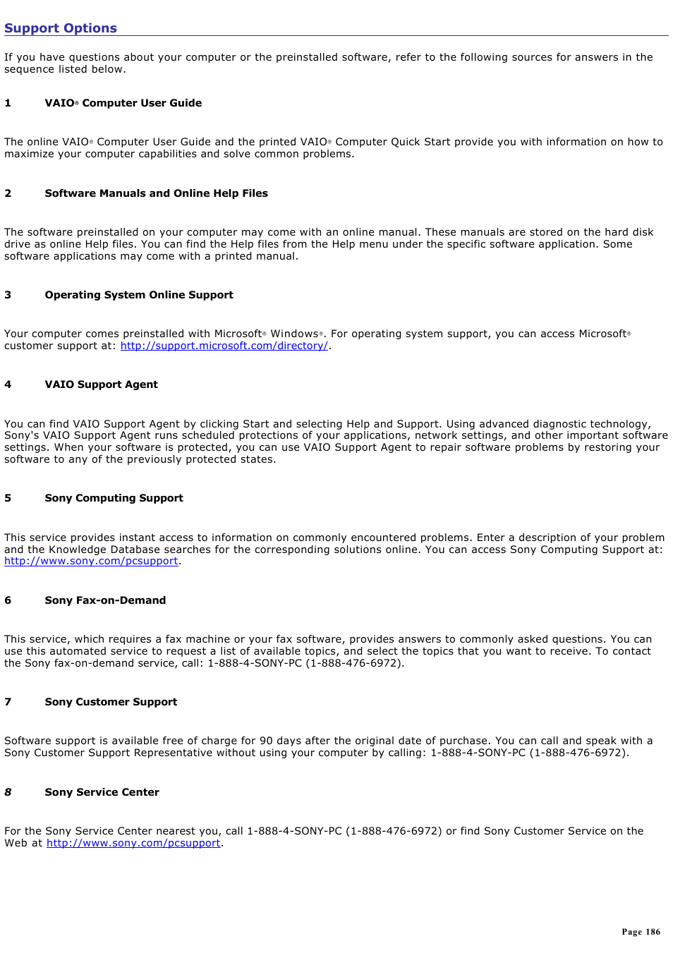 Support options | Sony PCG-GRX560 User Manual | Page 186 / 186