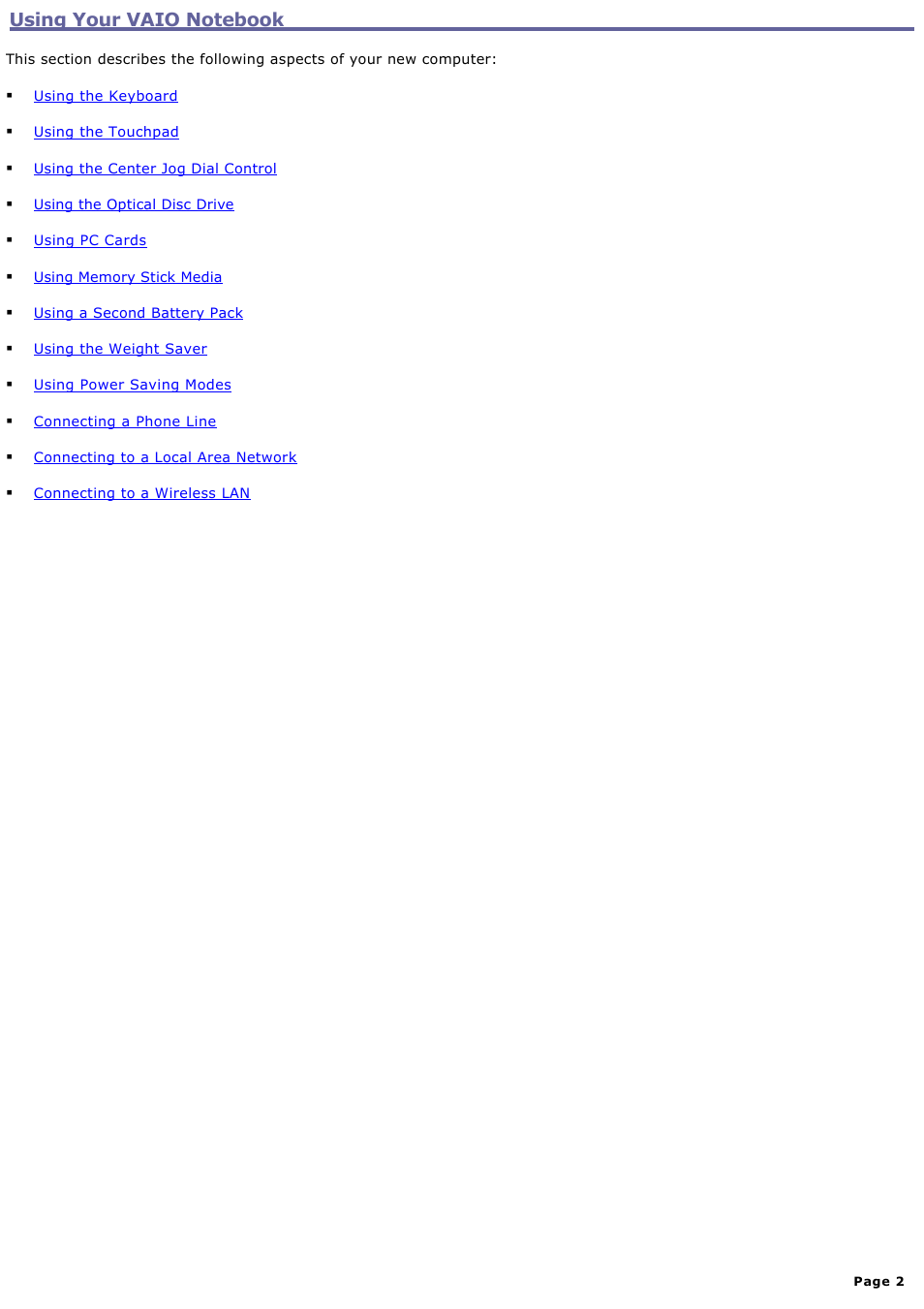 Using your vaio notebook | Sony PCG-GRX560 User Manual | Page 2 / 186