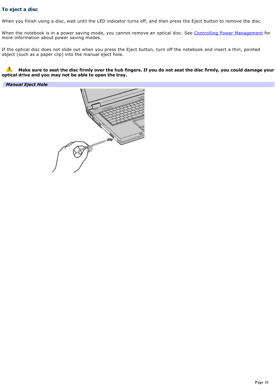 To eject a disc | Sony PCG-GRX560 User Manual | Page 21 / 186