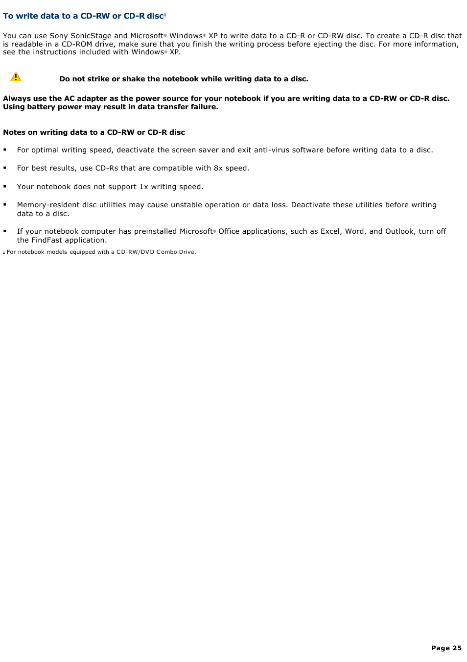 To write data to a cd-rw or cd-r disc | Sony PCG-GRX560 User Manual | Page 25 / 186