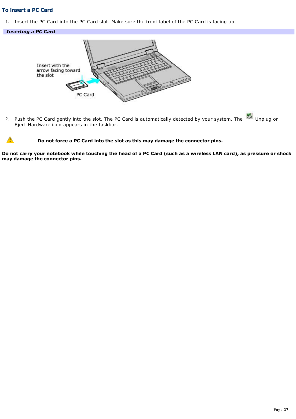 To insert a pc card | Sony PCG-GRX560 User Manual | Page 27 / 186