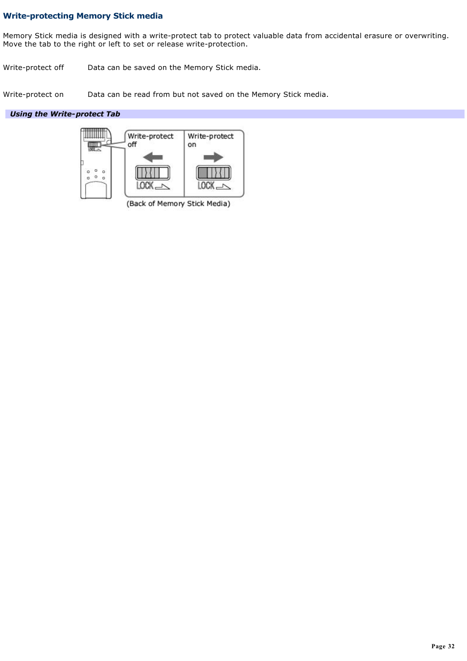 Write-protecting memory stick media | Sony PCG-GRX560 User Manual | Page 32 / 186