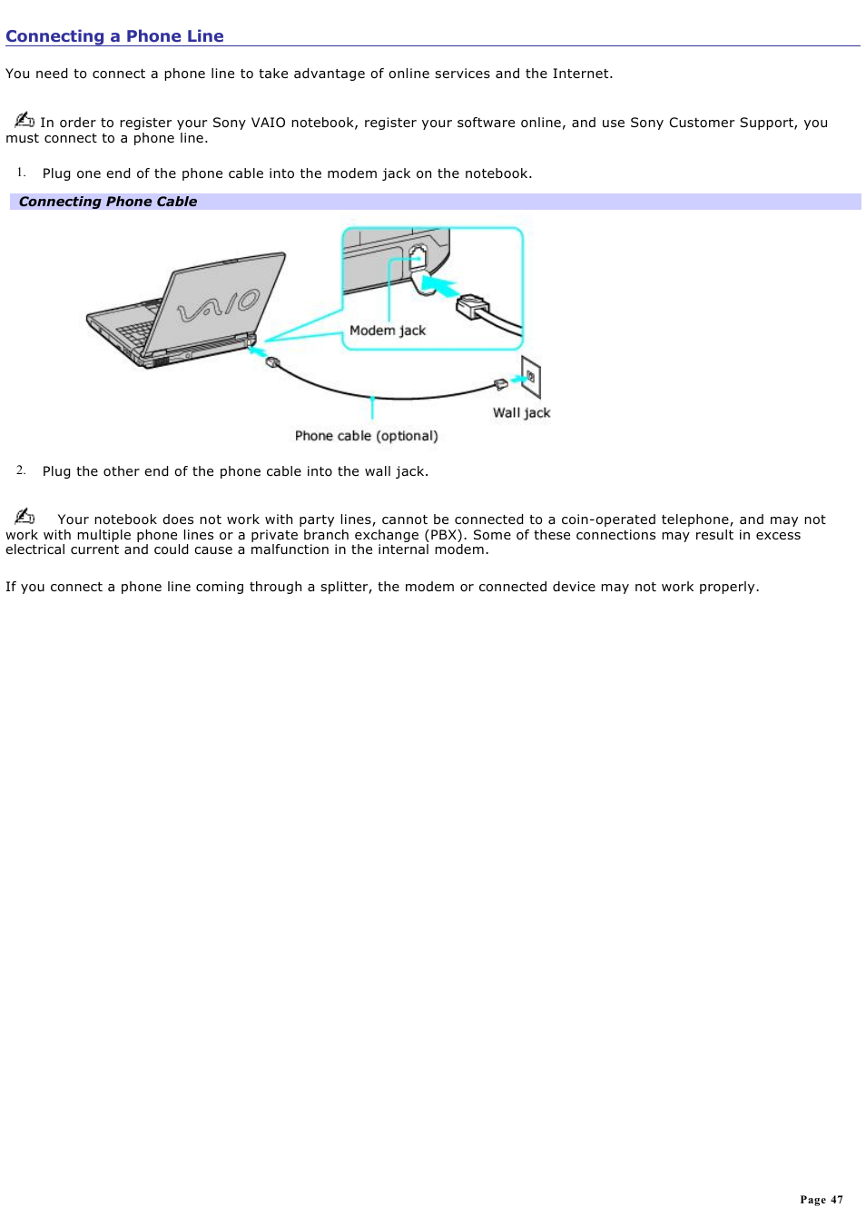 Connecting a phone line | Sony PCG-GRX560 User Manual | Page 47 / 186