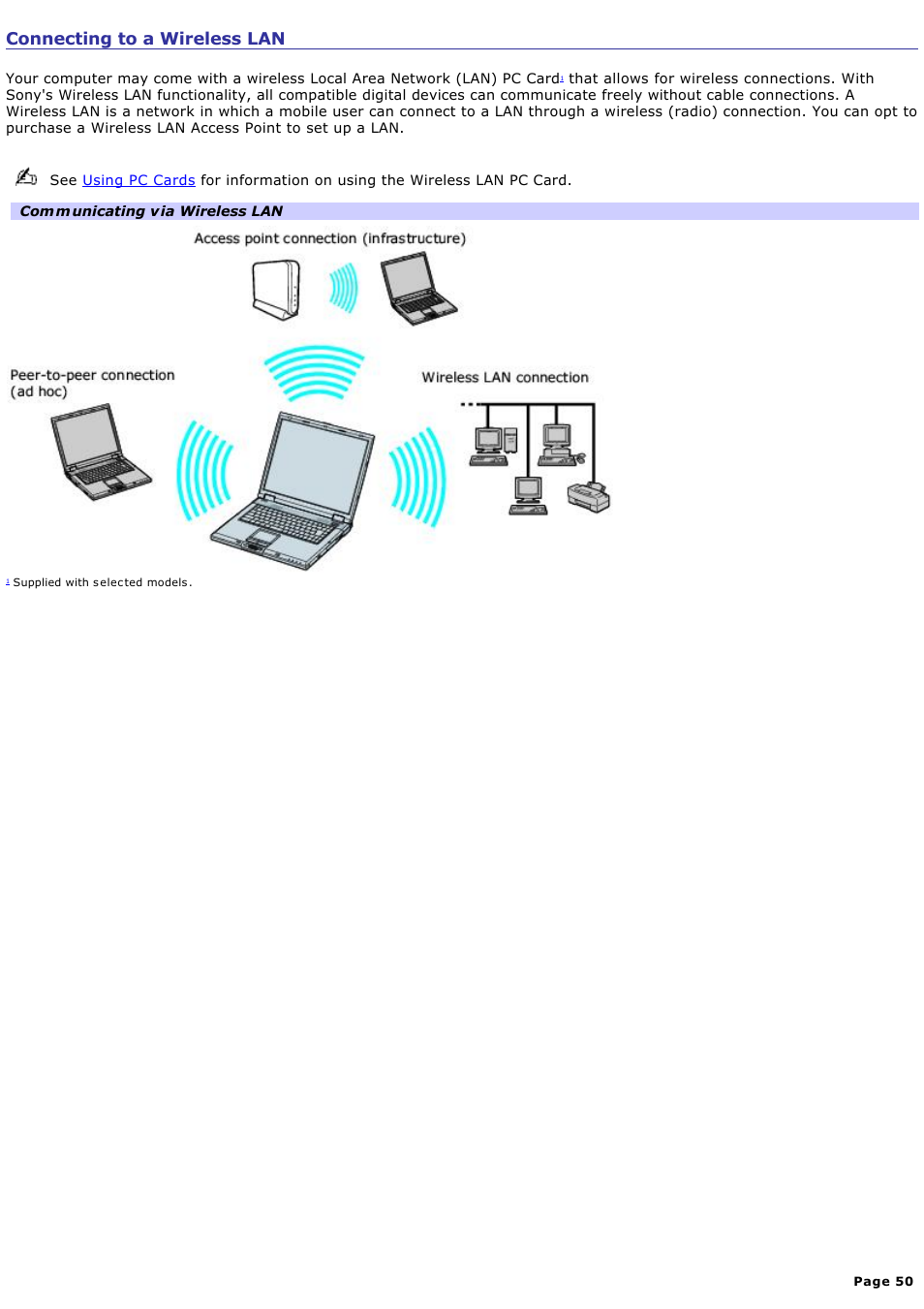 Connecting to a wireless lan | Sony PCG-GRX560 User Manual | Page 50 / 186