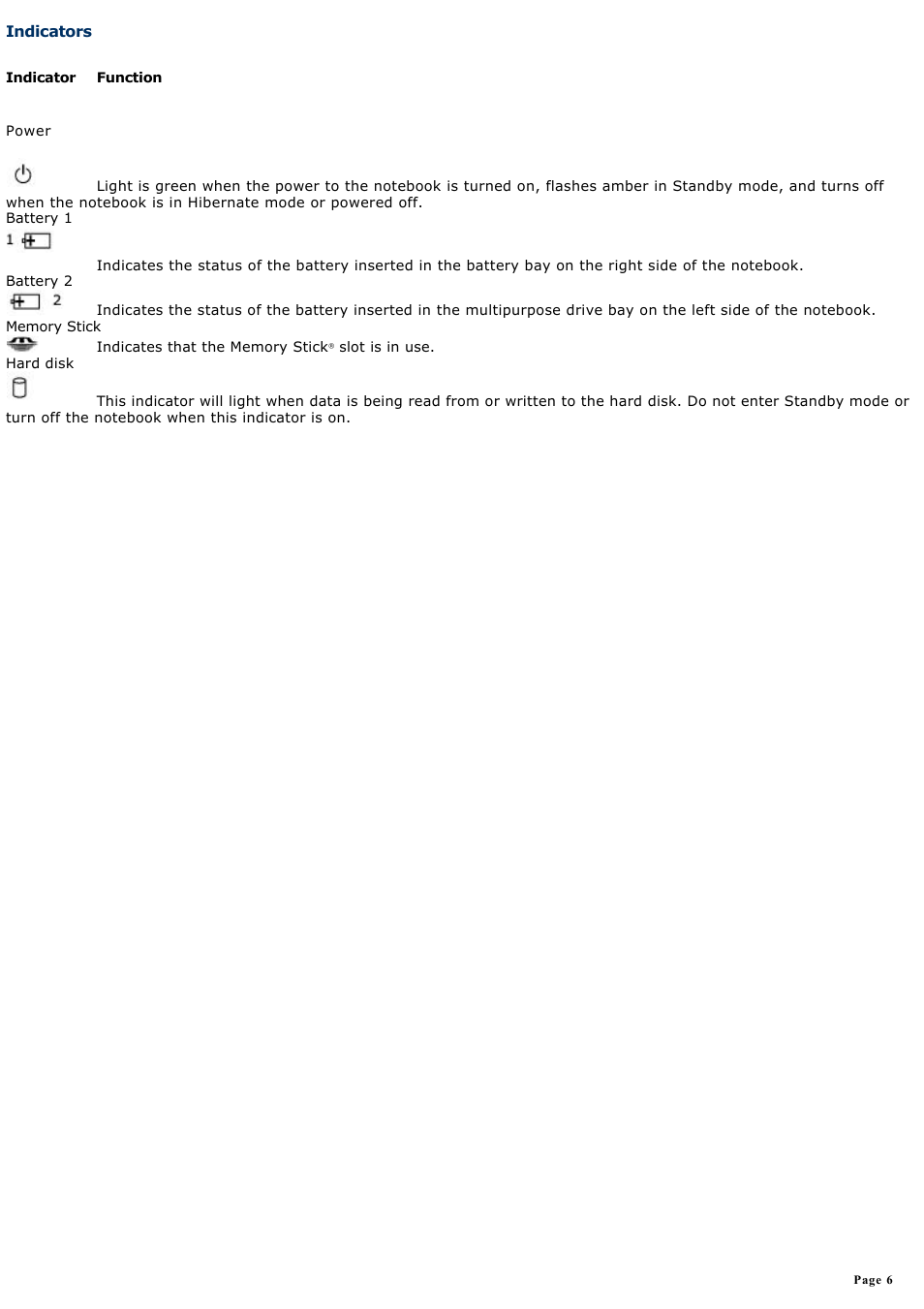 Indicators | Sony PCG-GRX560 User Manual | Page 6 / 186