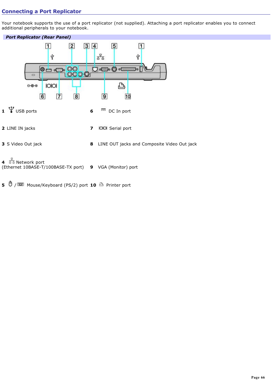 Connecting a port replicator | Sony PCG-GRX560 User Manual | Page 66 / 186