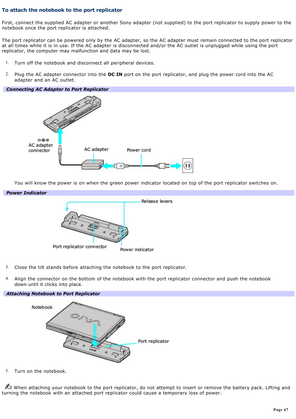 To attach the notebook to the port replicator | Sony PCG-GRX560 User Manual | Page 67 / 186