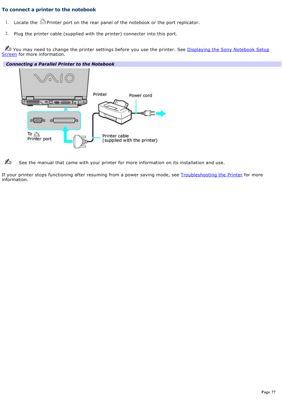 To connect a printer to the notebook | Sony PCG-GRX560 User Manual | Page 77 / 186