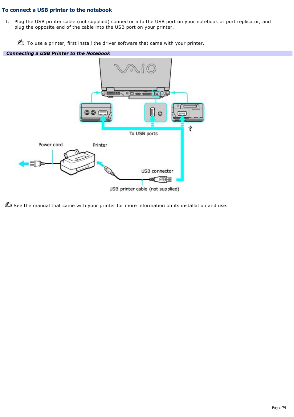 To connect a usb printer to the notebook | Sony PCG-GRX560 User Manual | Page 79 / 186