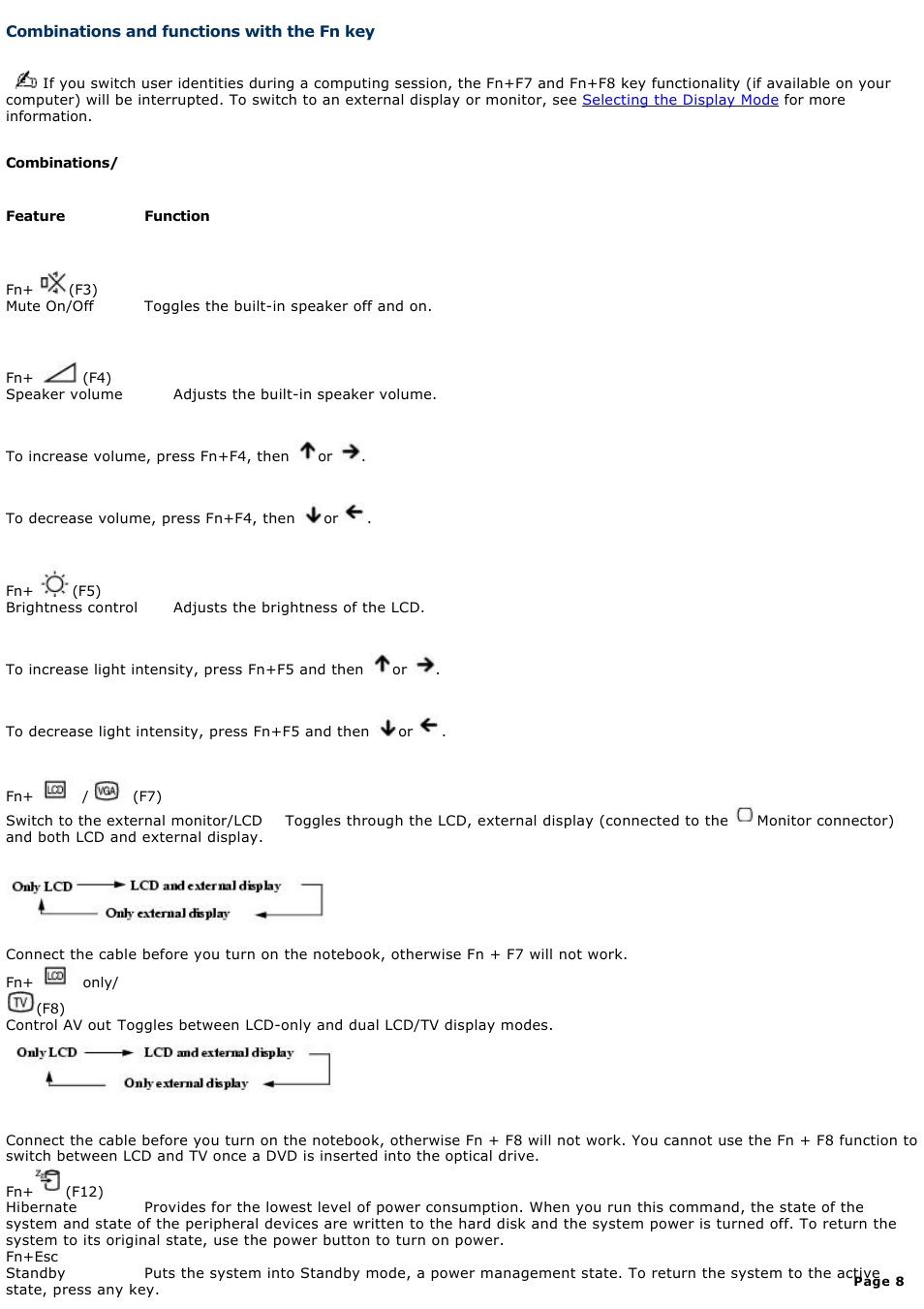 Combinations and functions with the fn key, Combinations and functions with, The fn key | Sony PCG-GRX560 User Manual | Page 8 / 186