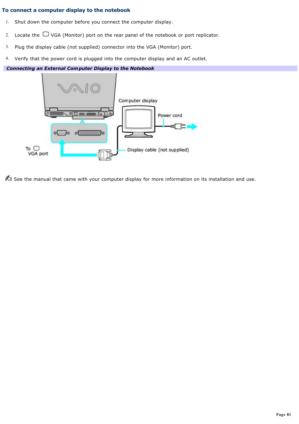 To connect a computer display to the notebook | Sony PCG-GRX560 User Manual | Page 81 / 186