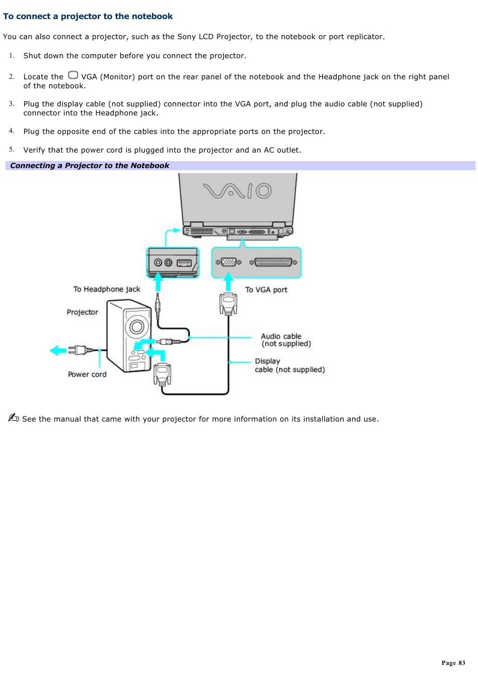 To connect a projector to the notebook | Sony PCG-GRX560 User Manual | Page 83 / 186