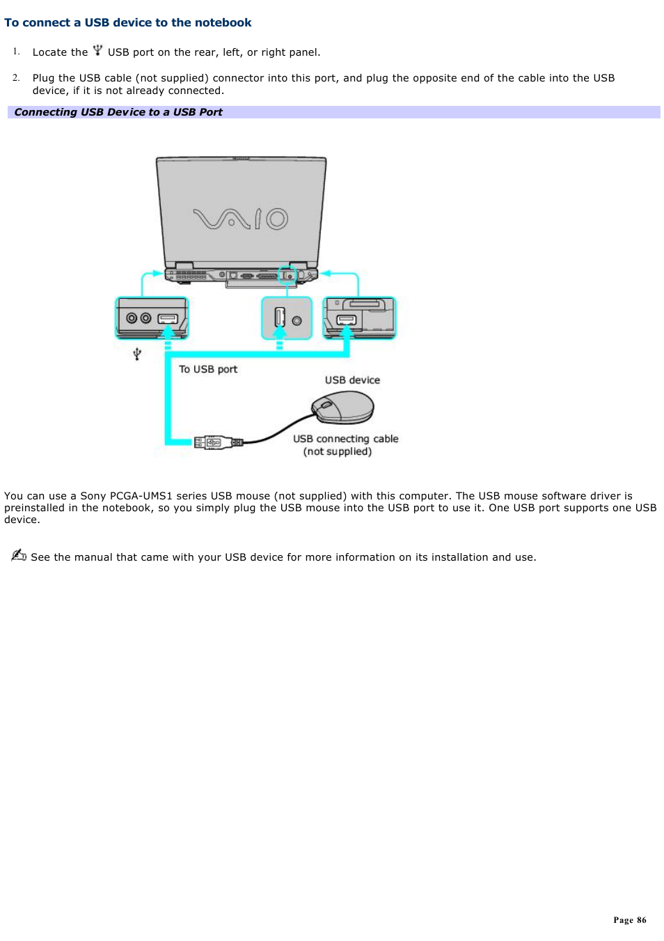 To connect a usb device to the notebook | Sony PCG-GRX560 User Manual | Page 86 / 186