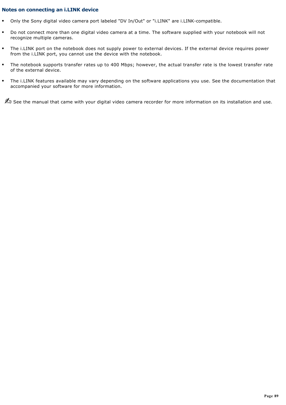 Notes on connecting an i.link device | Sony PCG-GRX560 User Manual | Page 89 / 186