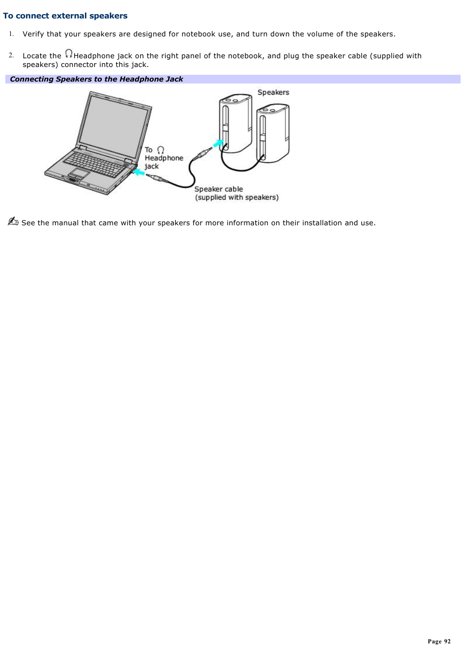 To connect external speakers | Sony PCG-GRX560 User Manual | Page 92 / 186