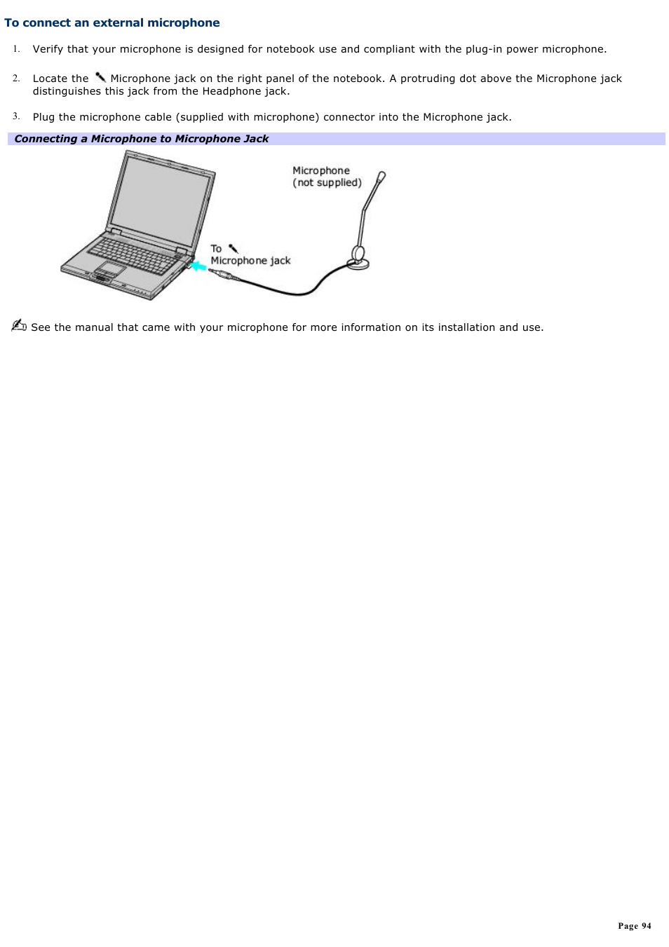 To connect an external microphone | Sony PCG-GRX560 User Manual | Page 94 / 186