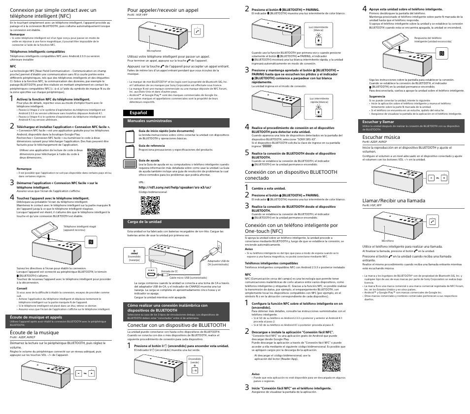 Écoute de la musique, Pour appeler/recevoir un appel, Conectar con un dispositivo de bluetooth | Conexión con un dispositivo bluetooth conectado, Escuchar música, Llamar/recibir una llamada | Sony SRS-X3 User Manual | Page 2 / 2