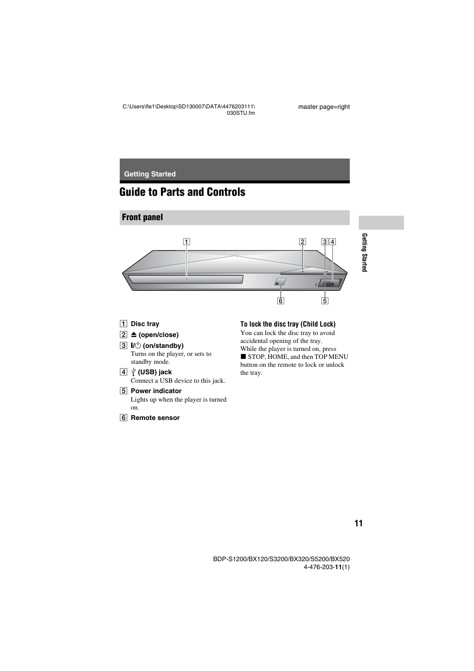 Getting started, Guide to parts and controls, Front panel | Sony BDP-S5200 User Manual | Page 11 / 48