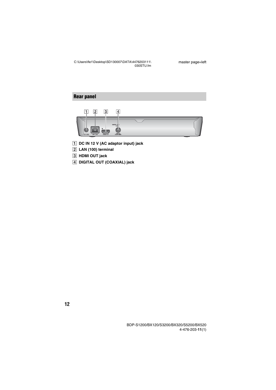 Rear panel | Sony BDP-S5200 User Manual | Page 12 / 48