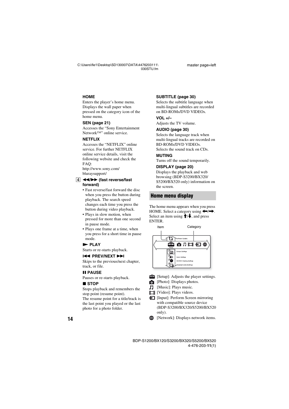 Home menu display | Sony BDP-S5200 User Manual | Page 14 / 48