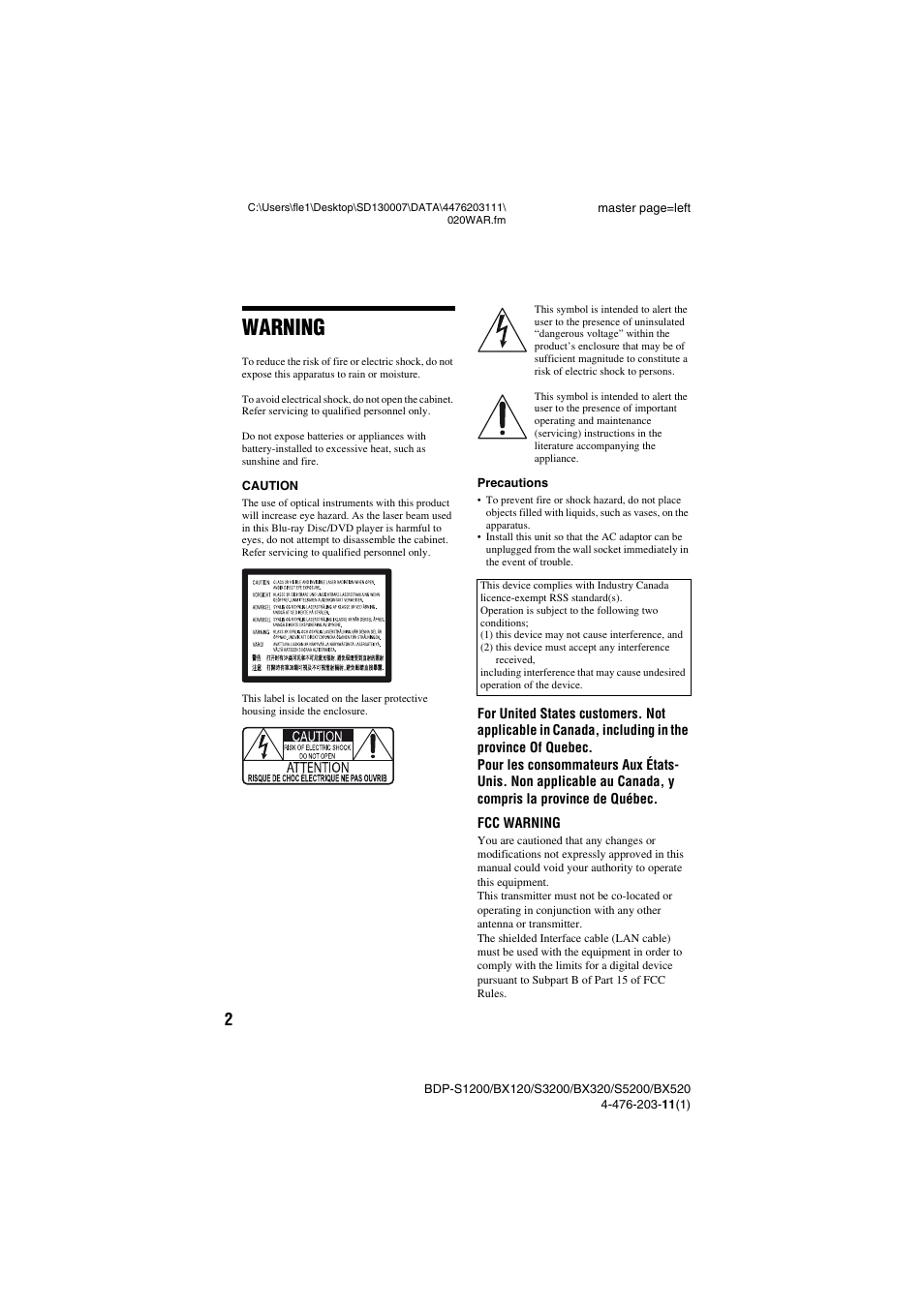 Warning | Sony BDP-S5200 User Manual | Page 2 / 48