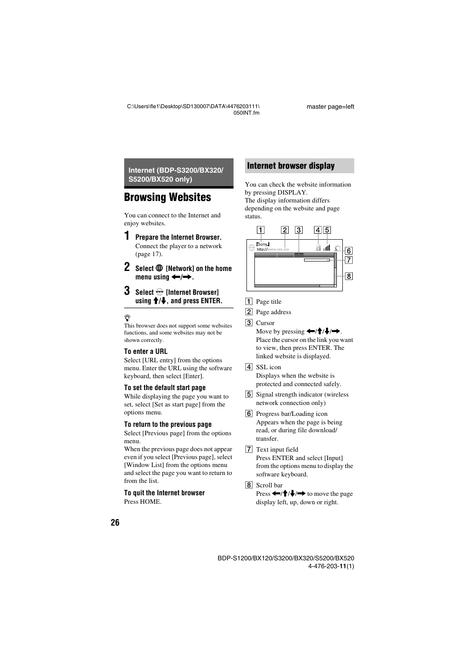 Internet (bdp-s3200/bx320/ s5200/bx520 only), Browsing websites, Internet (bdp-s3200/bx320/s5200/bx520 only) | Sony BDP-S5200 User Manual | Page 26 / 48
