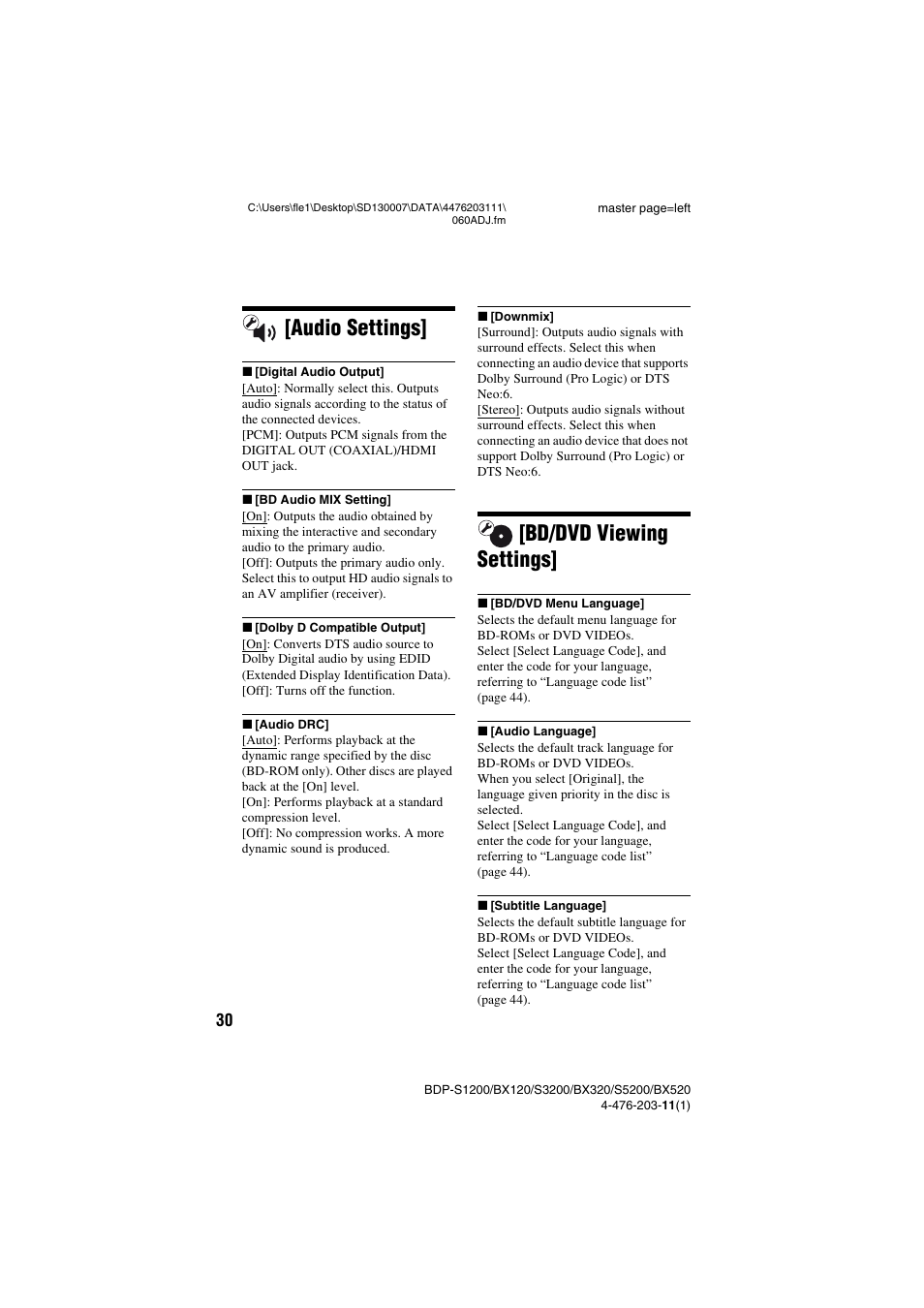 Audio settings, Bd/dvd viewing settings | Sony BDP-S5200 User Manual | Page 30 / 48