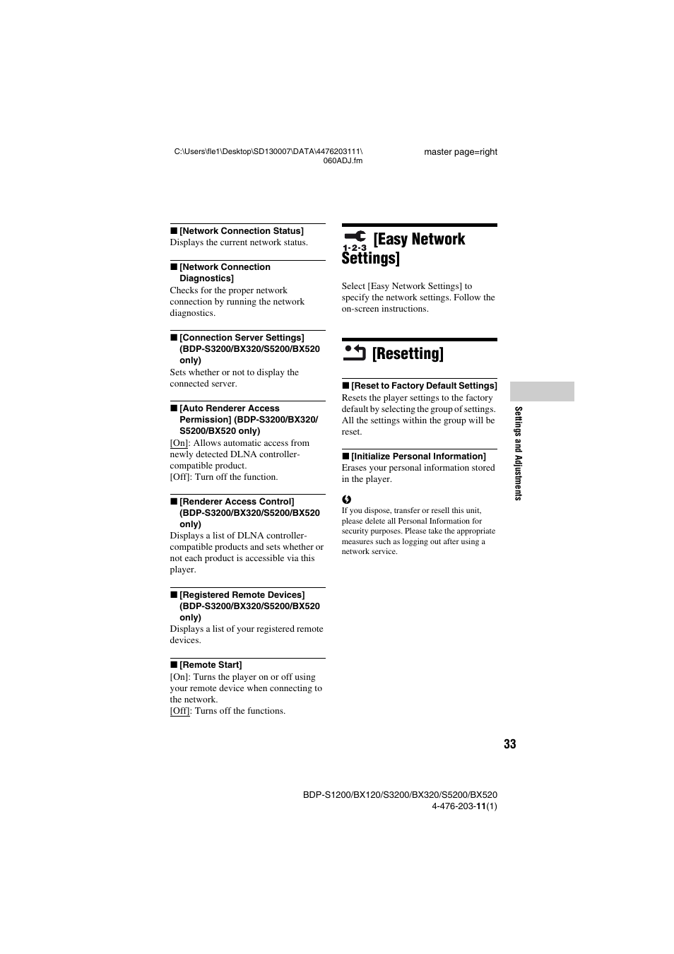 Easy network settings, Resetting | Sony BDP-S5200 User Manual | Page 33 / 48