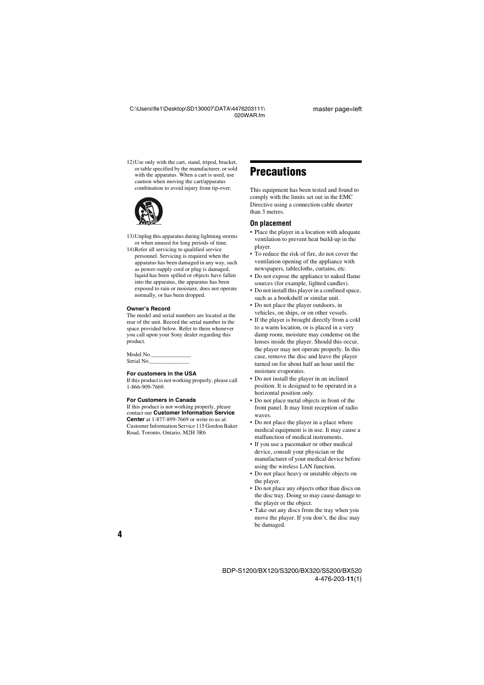 Precautions | Sony BDP-S5200 User Manual | Page 4 / 48