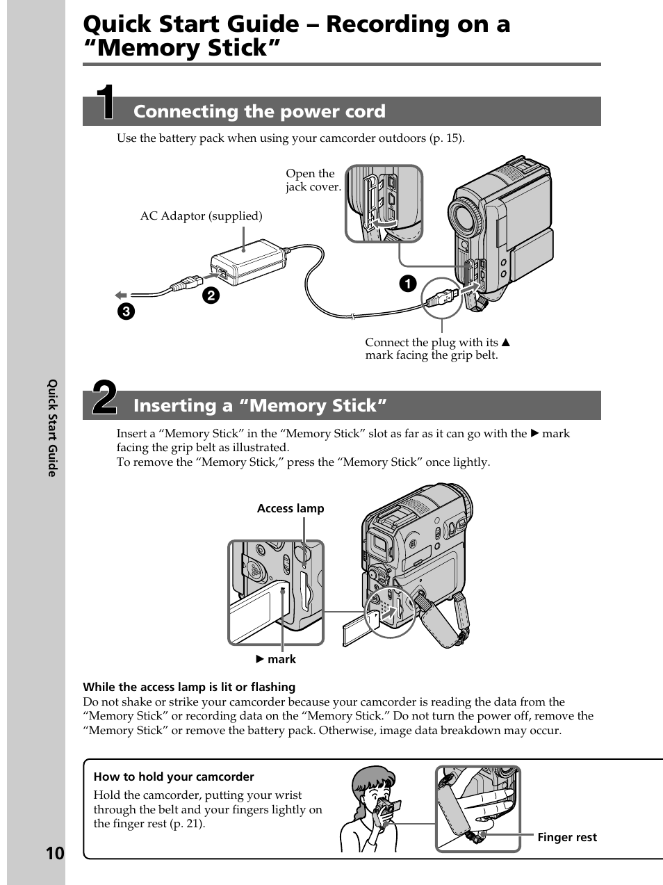 Recording on a “memory stick, Connecting the power cord | Sony DCR-PC105 User Manual | Page 10 / 240