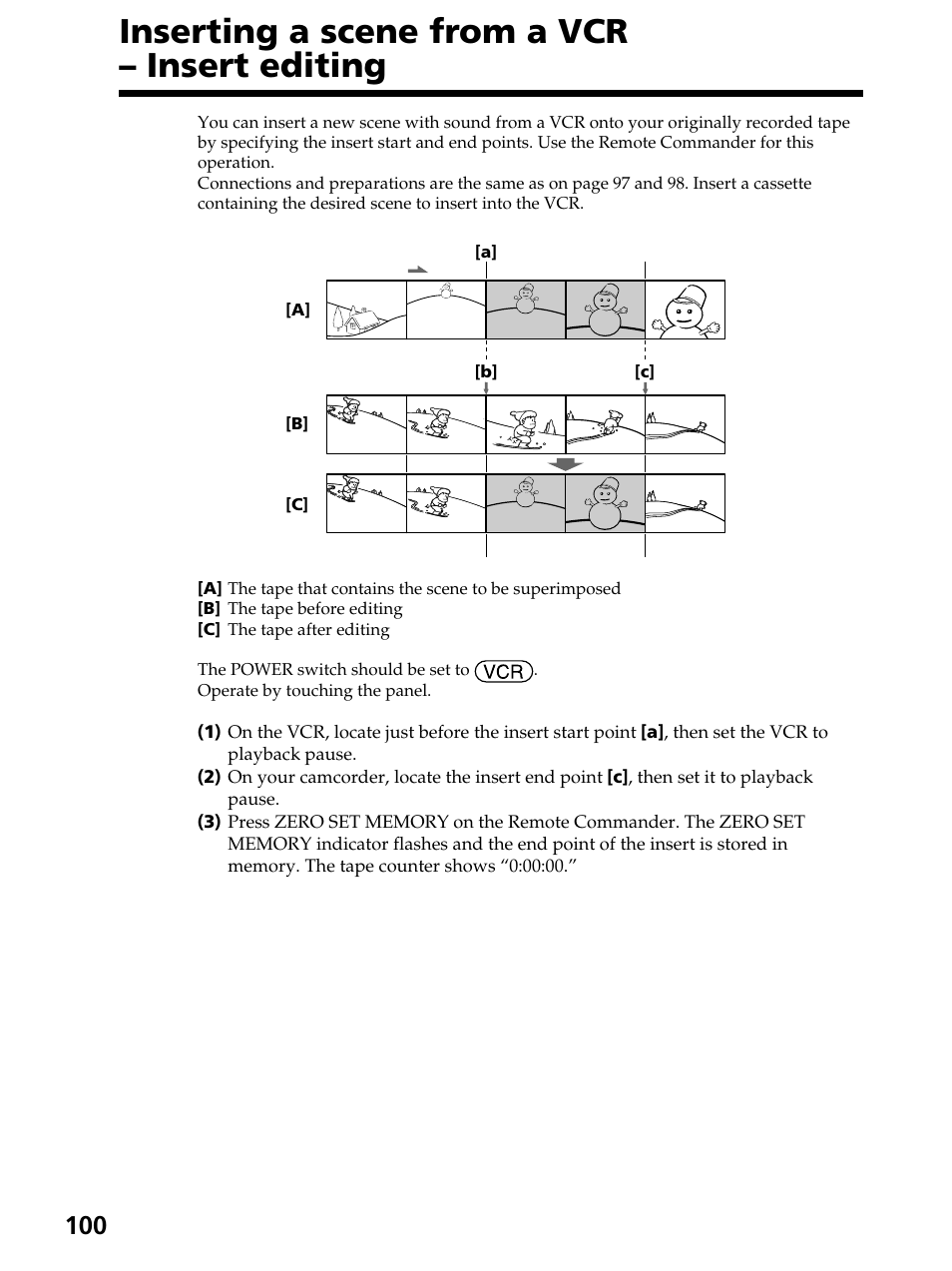 Inserting a scene from a vcr – insert editing | Sony DCR-PC105 User Manual | Page 100 / 240