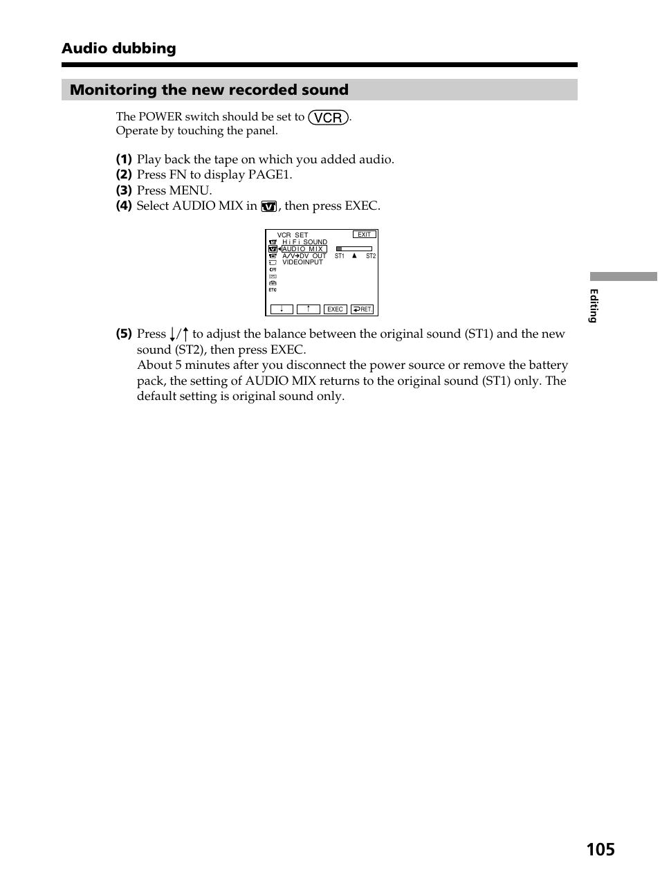 Monitoring the new recorded sound, Audio dubbing | Sony DCR-PC105 User Manual | Page 105 / 240